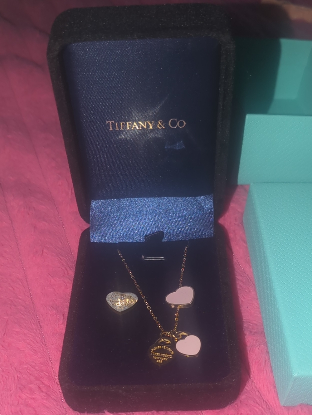 Tiffany & Co. Gold Necklace with Pink Heart Charms and Gold Tag Earrings
